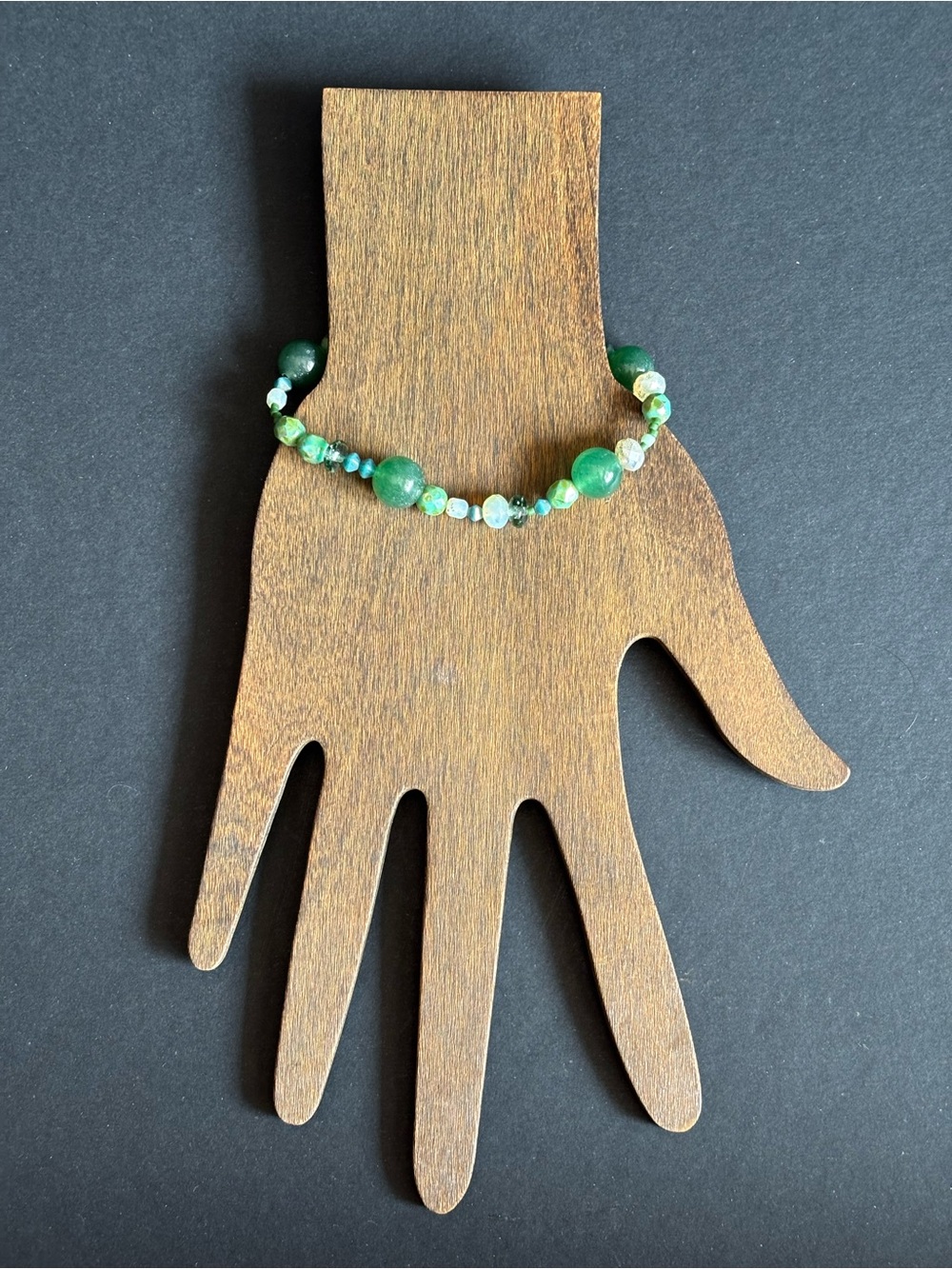Handmade Green Jade & Gold Foil Beaded Bracelet | 7 IN | Toggle Clasp - Picture 3 of 7